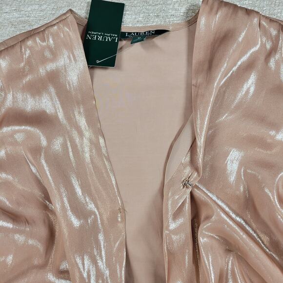 Lauren Ralph Lauren Metallic Blouse Womens M Liquid Pink Surplice Faux Wrap New - Picture 15 of 15